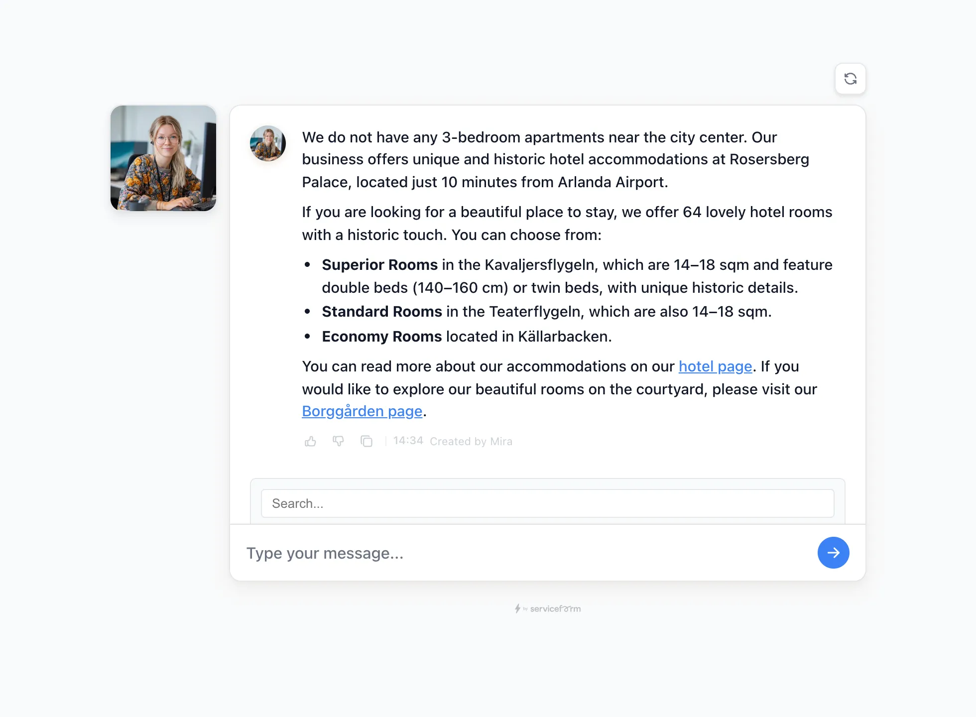 Serviceform's Mira AI chatbot answering a customer honestly, saying it has no 3-bedroom apartments and linking to real pages instead of inventing options