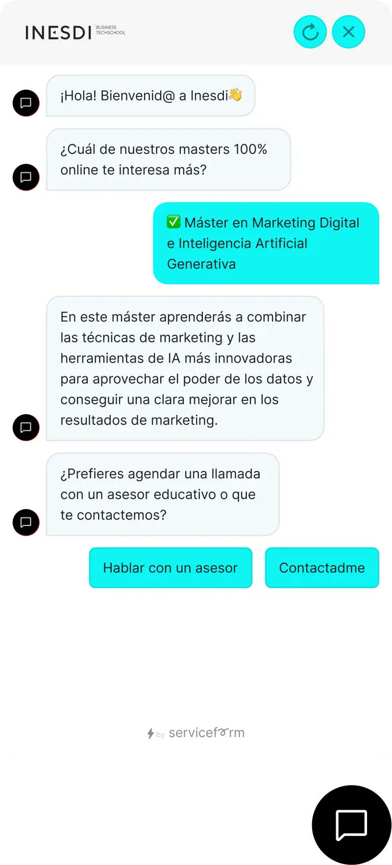 Serviceform bot on an education website — course guidance example